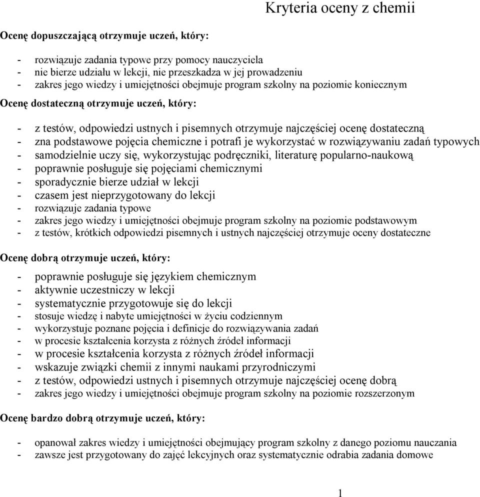 zna podstawowe pojęcia chemiczne i potrafi je wykorzystać w rozwiązywaniu zadań typowych - samodzielnie uczy się, wykorzystując podręczniki, literaturę popularno-naukową - poprawnie posługuje się