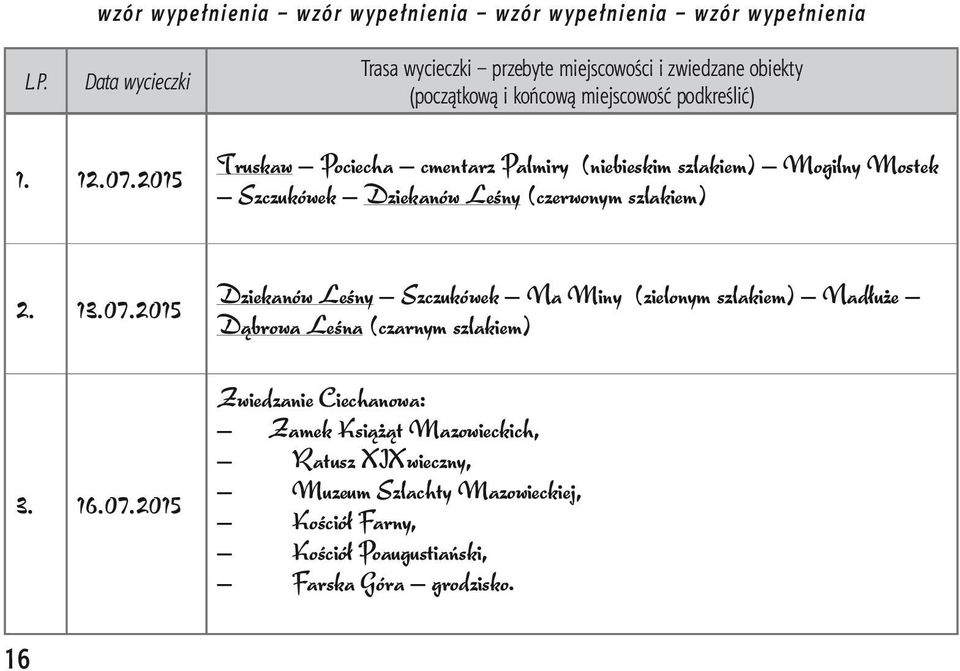 2015 Truskaw Pociecha cmentarz Palmiry (niebieskim szlakiem) Mogilny Mostek Szczukówek Dziekanów Leśny (czerwonym szlakiem) 2. 13.07.