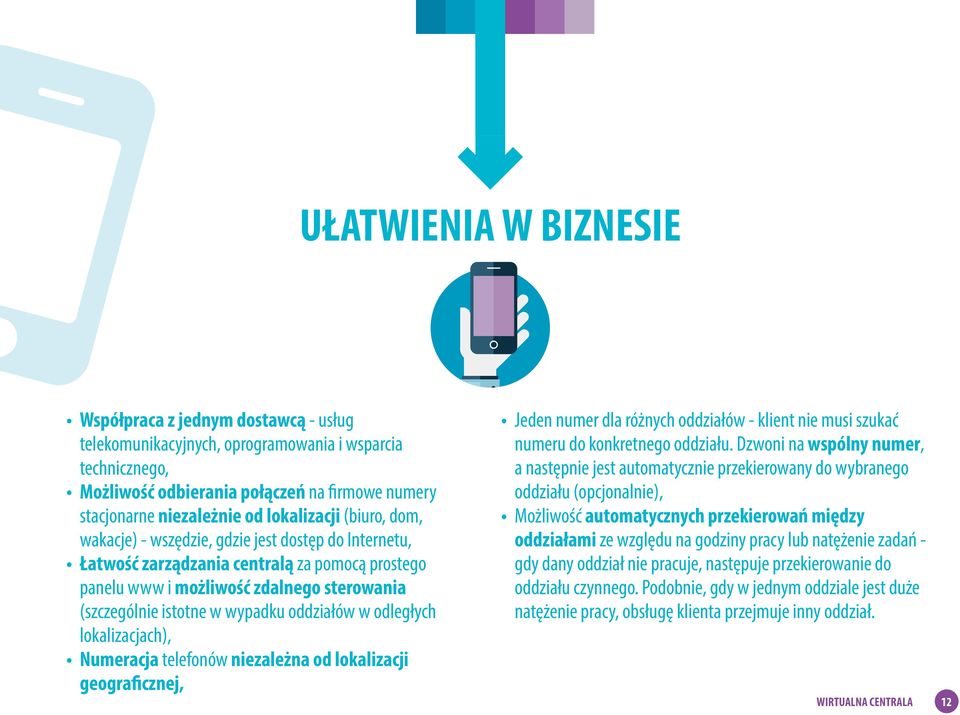 oddziałów w odległych lokalizacjach), Numeracja telefonów niezależna od lokalizacji geograficznej, Jeden numer dla różnych oddziałów - klient nie musi szukać numeru do konkretnego oddziału.
