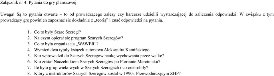 3. Co to była organizacja WAWER? 4. Wymień dwa tytuły książek autorstwa Aleksandra Kamińskiego. 5. Kto wprowadził do Szarych Szeregów naukę wychowania przez walkę? 6.