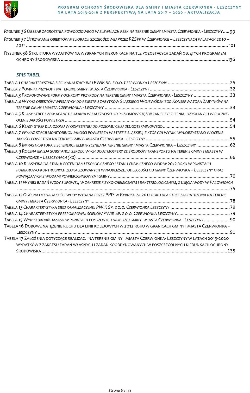 ..101 RYSUNEK38STRUKTURAWYDATKÓWNAWYBRANYCHKIERUNKACHNATLEPOZOSTAŁYCHZADAŃOBJĘTYCHPROGRAMEM OCHRONYŚRODOWISKA...136 SPIS$TABEL' TABELA1CHARAKTERYSTYKASIECIKANALIZACYJNEJPWIKSP.ZO.O.CZERWIONKALESZCZYNY.