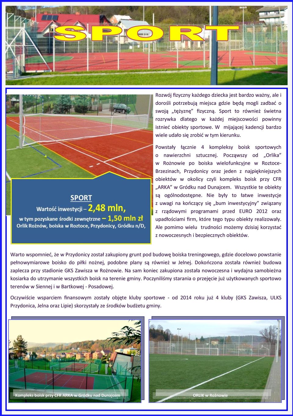 Powstały łącznie 4 kompleksy boisk sportowych o nawierzchni sztucznej.