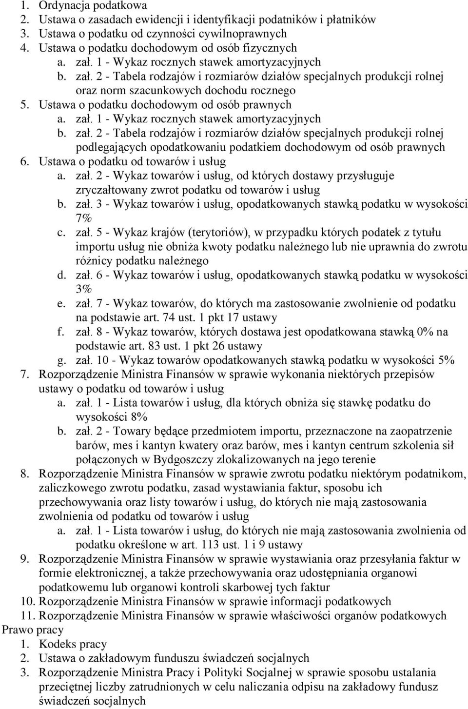 Ustawa o podatku dochodowym od osób prawnych a. zał. 1 - Wykaz rocznych stawek amortyzacyjnych b. zał. 2 - Tabela rodzajów i rozmiarów działów specjalnych produkcji rolnej podlegających opodatkowaniu podatkiem dochodowym od osób prawnych 6.