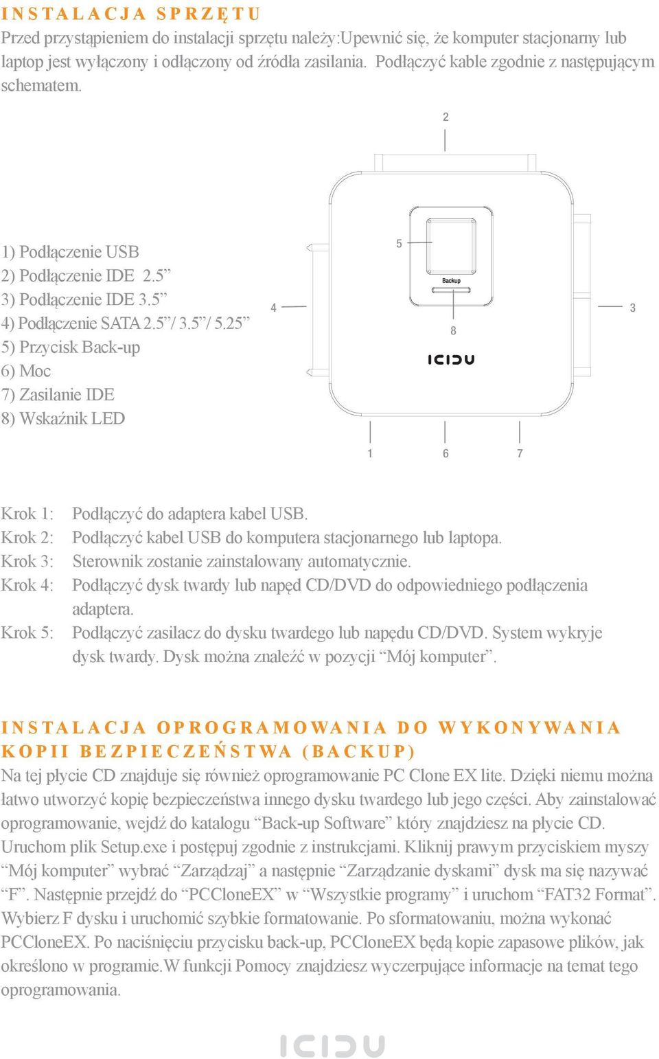 25 5) Przycisk Back-up 6) Moc 7) Zasilanie IDE 8) Wskaźnik LED 4 5 8 3 1 6 7 Krok 1: Krok 2: Krok 3: Krok 4: Krok 5: Podłączyć do adaptera kabel USB.