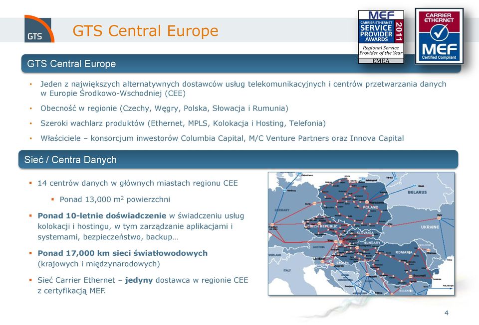 Innova Capital Sieć / Centra Danych 14 centrów danych w głównych miastach regionu CEE Ponad 13,000 m 2 powierzchni Ponad 10-letnie doświadczenie w świadczeniu usług kolokacji i hostingu, w tym