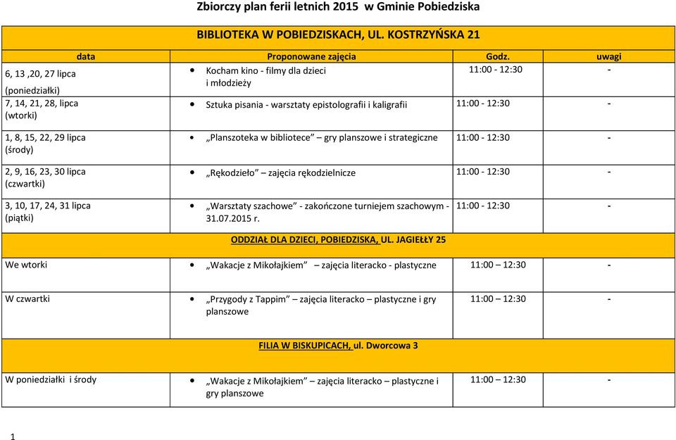 15, 22, 29 lipca (środy) 2, 9, 16, 23, 30 lipca (czwartki) Planszoteka w bibliotece gry planszowe i strategiczne 11:00-12:30 - Rękodzieło zajęcia rękodzielnicze 11:00-12:30-3, 10, 17, 24, 31 lipca
