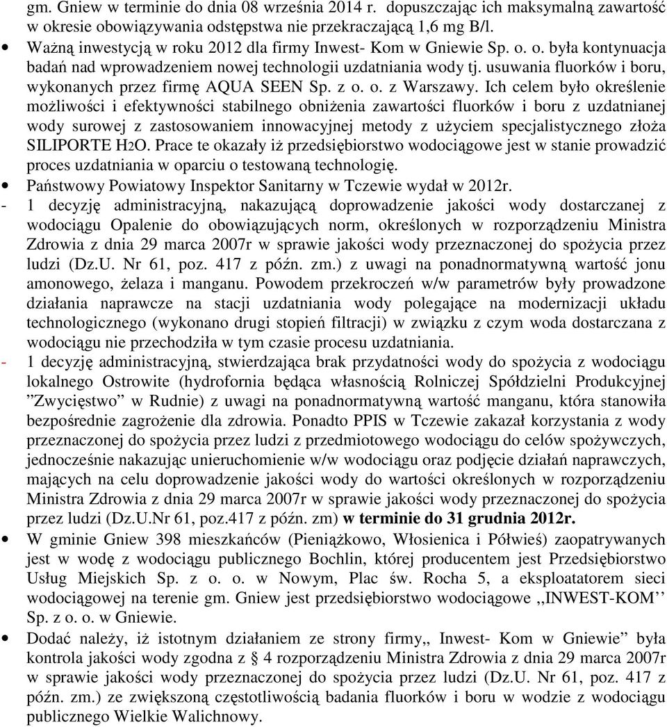 usuwania fluorków i boru, wykonanych przez firmę AQUA SEEN Sp. z o. o. z Warszawy.