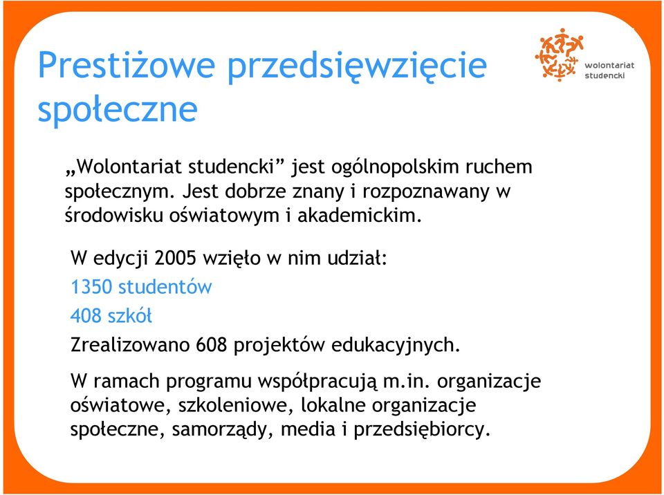 W edycji 2005 wzięło w nim udział: 1350 studentów 408 szkół Zrealizowano 608 projektów edukacyjnych.