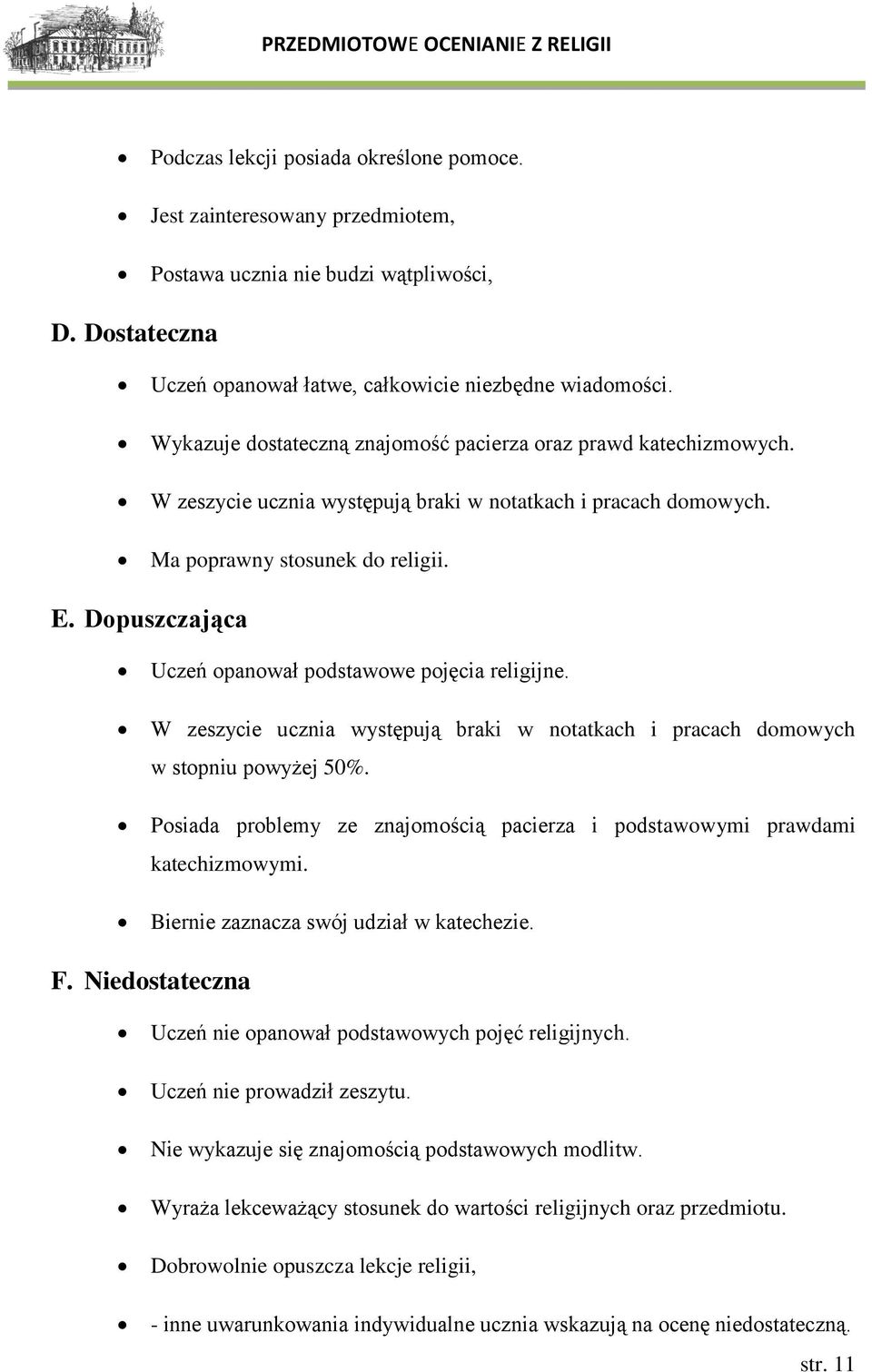 Dopuszczająca Uczeń opanował podstawowe pojęcia religijne. W zeszycie ucznia występują braki w notatkach i pracach domowych w stopniu powyżej 50%.