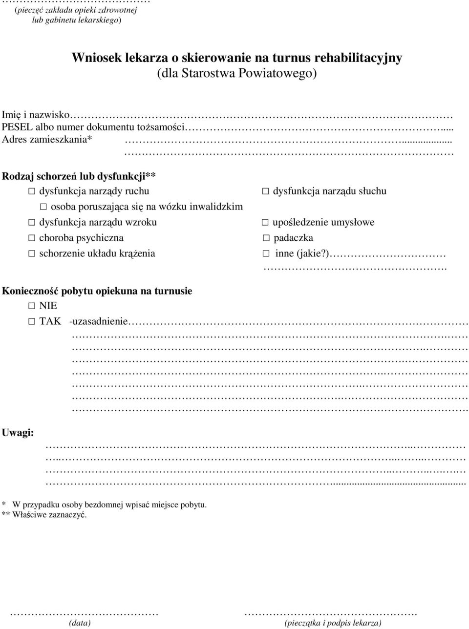 .. Rodzaj schorzeń lub dysfunkcji** dysfunkcja narządy ruchu osoba poruszająca się na wózku inwalidzkim dysfunkcja narządu wzroku choroba psychiczna