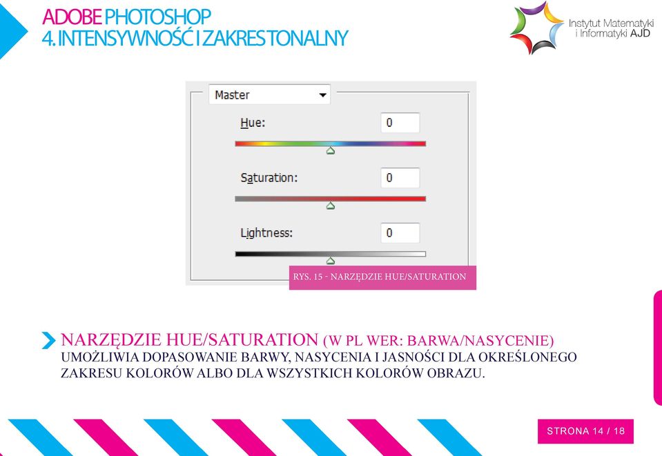 WER: Barwa/Nasycenie) umożliwia dopasowanie barwy, nasycenia i