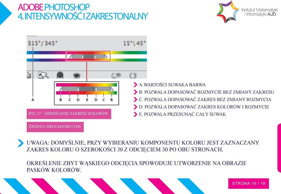 Pozwala dopasować zakres kolorów i rozmycie E. Pozwala przesunąć cały suwak Źródło: help.adobe.