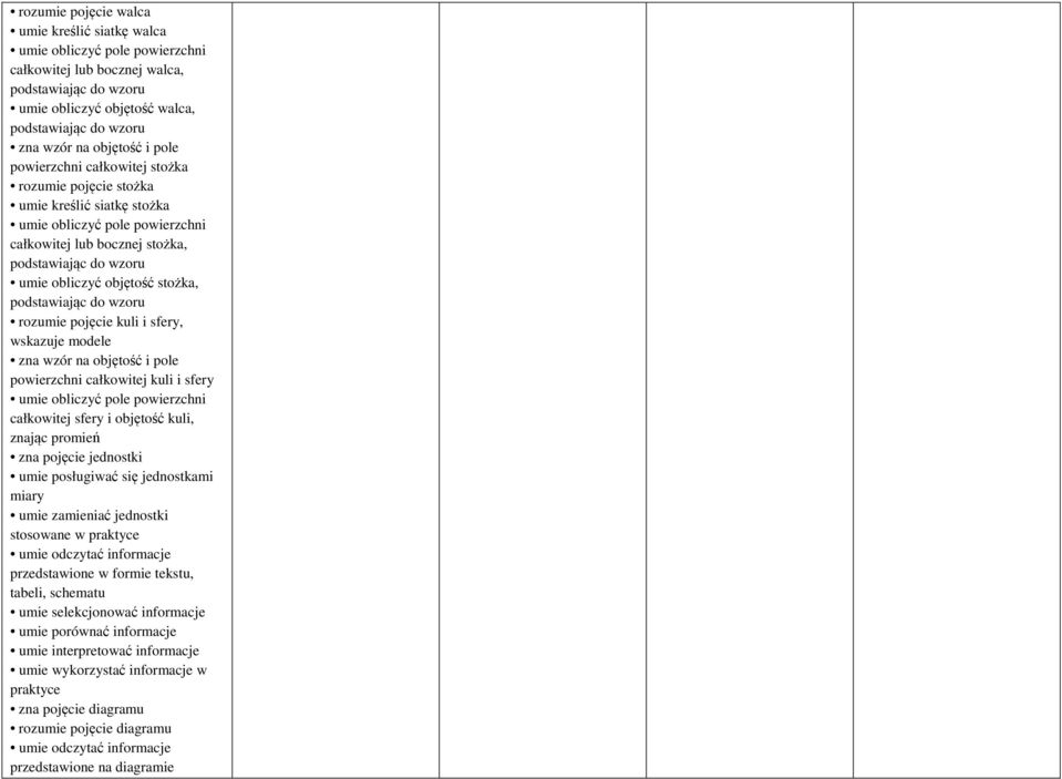 objętość stożka, podstawiając do wzoru rozumie pojęcie kuli i sfery, wskazuje modele zna wzór na objętość i pole powierzchni całkowitej kuli i sfery umie obliczyć pole powierzchni całkowitej sfery i