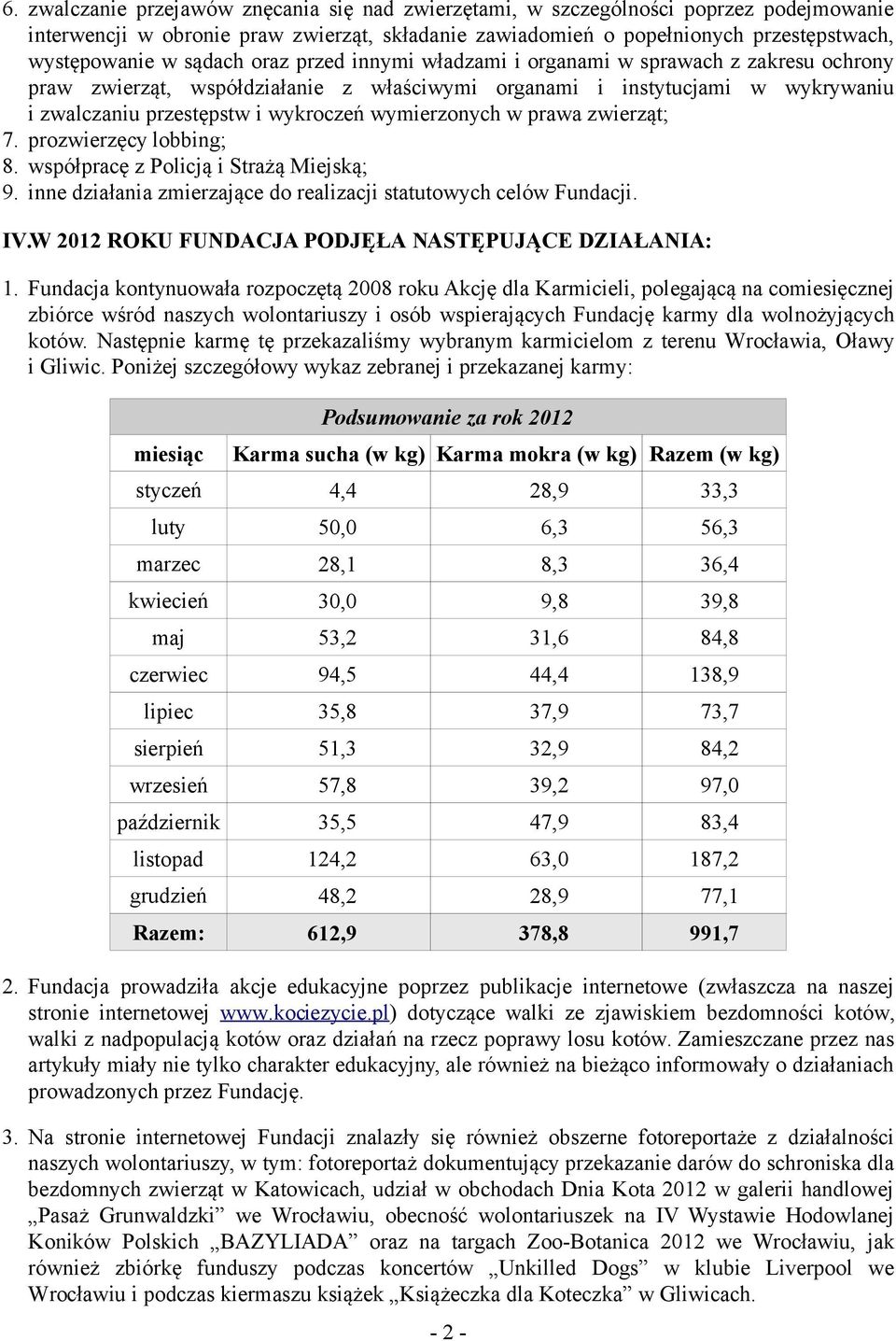 wymierzonych w prawa zwierząt; 7. prozwierzęcy lobbing; 8. współpracę z Policją i Strażą Miejską; 9. inne działania zmierzające do realizacji statutowych celów Fundacji. IV.