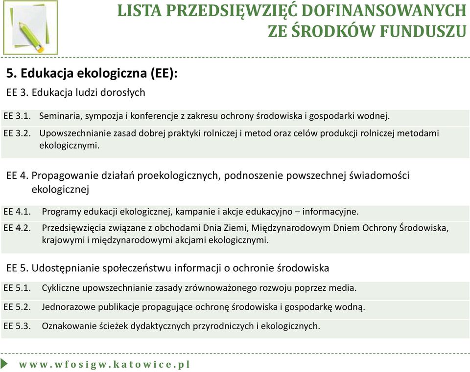 Propagowanie działań proekologicznych, podnoszenie powszechnej świadomości ekologicznej EE 4.1. Programy edukacji ekologicznej, kampanie i akcje edukacyjno informacyjne. EE 4.2.