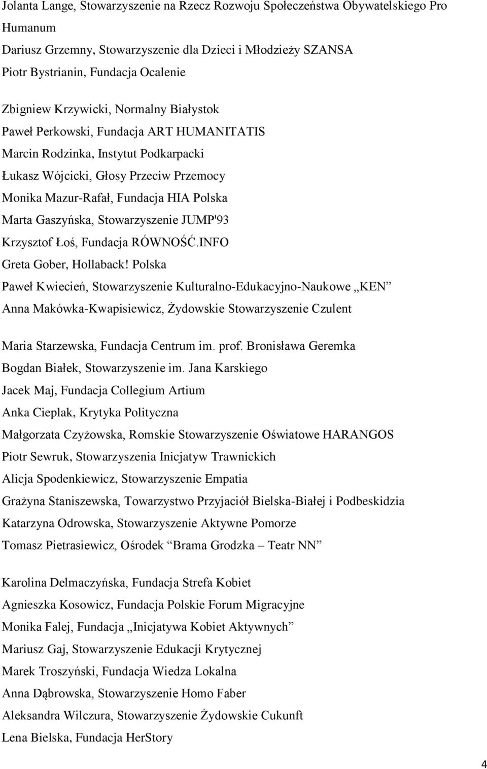 Gaszyńska, Stowarzyszenie JUMP'93 Krzysztof Łoś, Fundacja RÓWNOŚĆ.INFO Greta Gober, Hollaback!