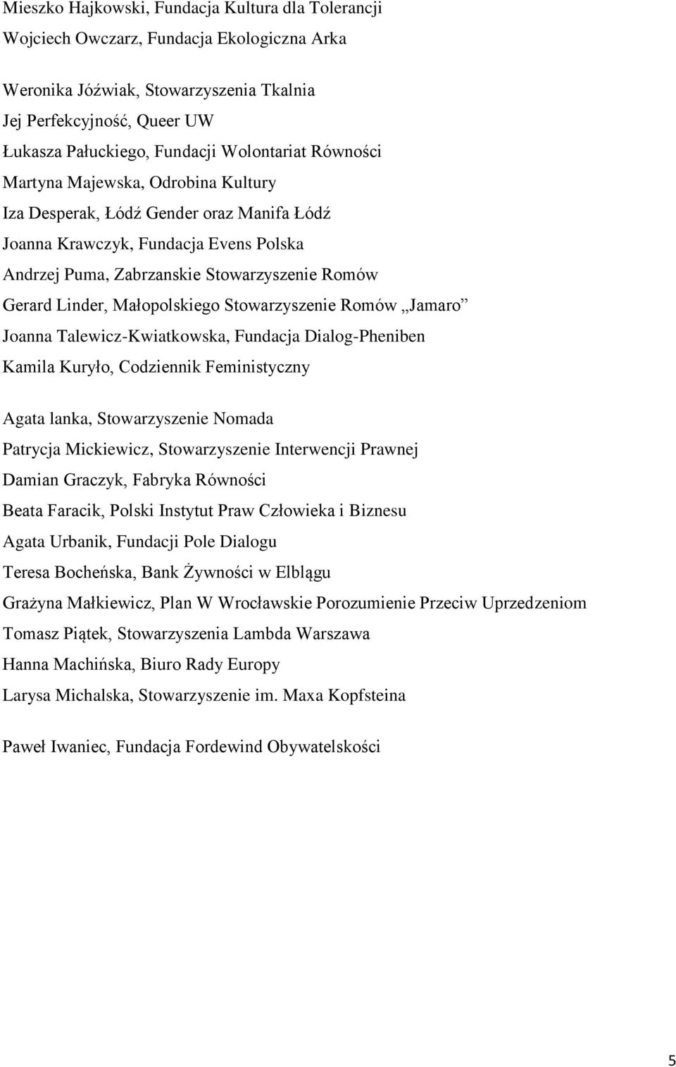 Małopolskiego Stowarzyszenie Romów Jamaro Joanna Talewicz-Kwiatkowska, Fundacja Dialog-Pheniben Kamila Kuryło, Codziennik Feministyczny Agata lanka, Stowarzyszenie Nomada Patrycja Mickiewicz,