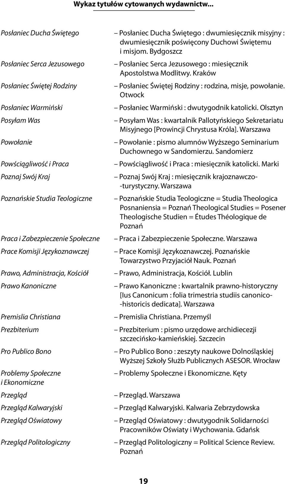 Społeczne Prace Komisji Językoznawczej Prawo, Administracja, Kościół Prawo Kanoniczne Premislia Christiana Prezbiterium Pro Publico Bono Problemy Społeczne i Ekonomiczne Przegląd Przegląd Kalwaryjski