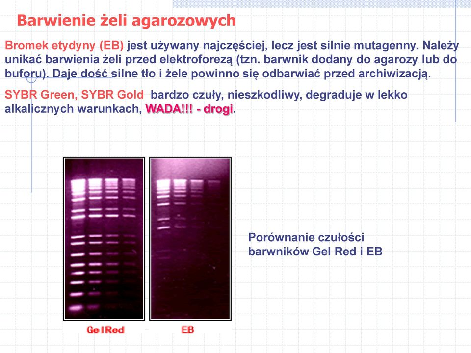 Daje dość silne tło i żele powinno się odbarwiać przed archiwizacją.