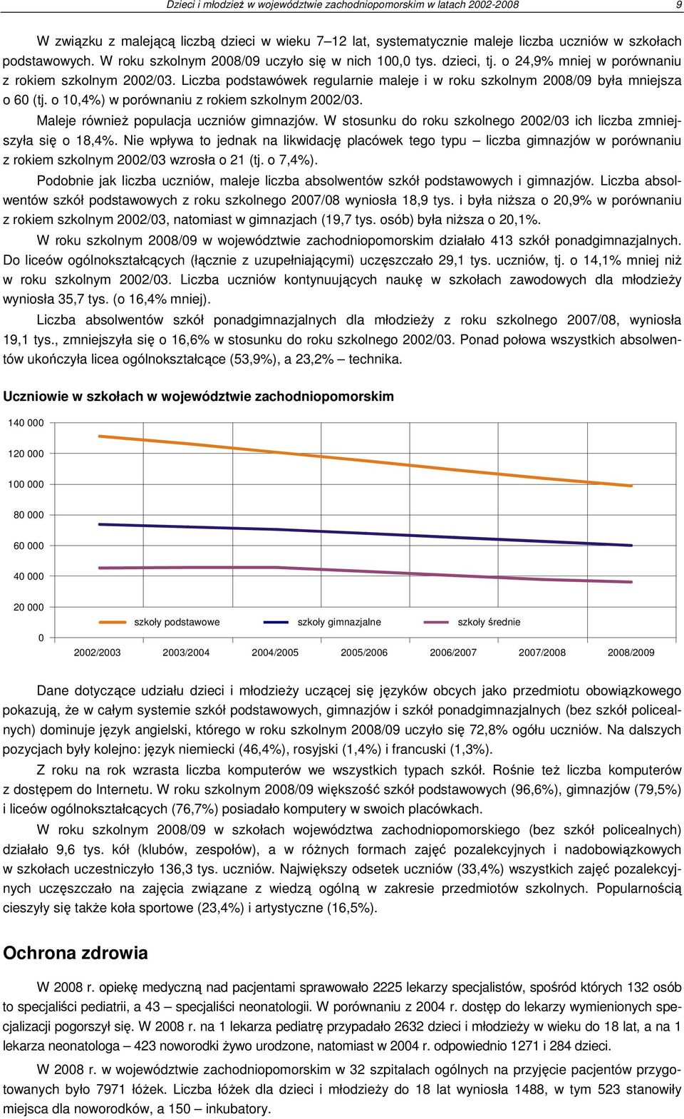 Liczba podstawówek regularnie maleje i w roku szkolnym 2008/09 była mniejsza o 60 (tj. o 10,4%) w porównaniu z rokiem szkolnym 2002/03. Maleje równieŝ populacja uczniów gimnazjów.