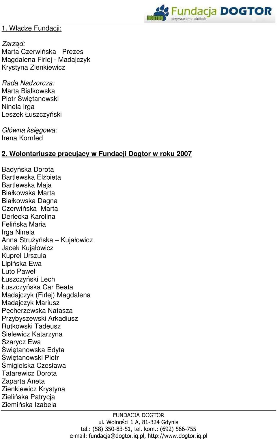 Wolontariusze pracujący w Fundacji Dogtor w roku 2007 Badyńska Dorota Bartlewska ElŜbieta Bartlewska Maja Białkowska Marta Białkowska Dagna Czerwińska Marta Derlecka Karolina Felińska Maria Irga