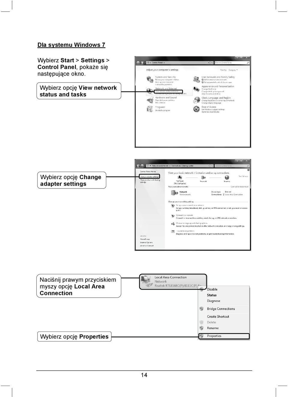 Wybierz opcję View network status and tasks Wybierz opcję Change