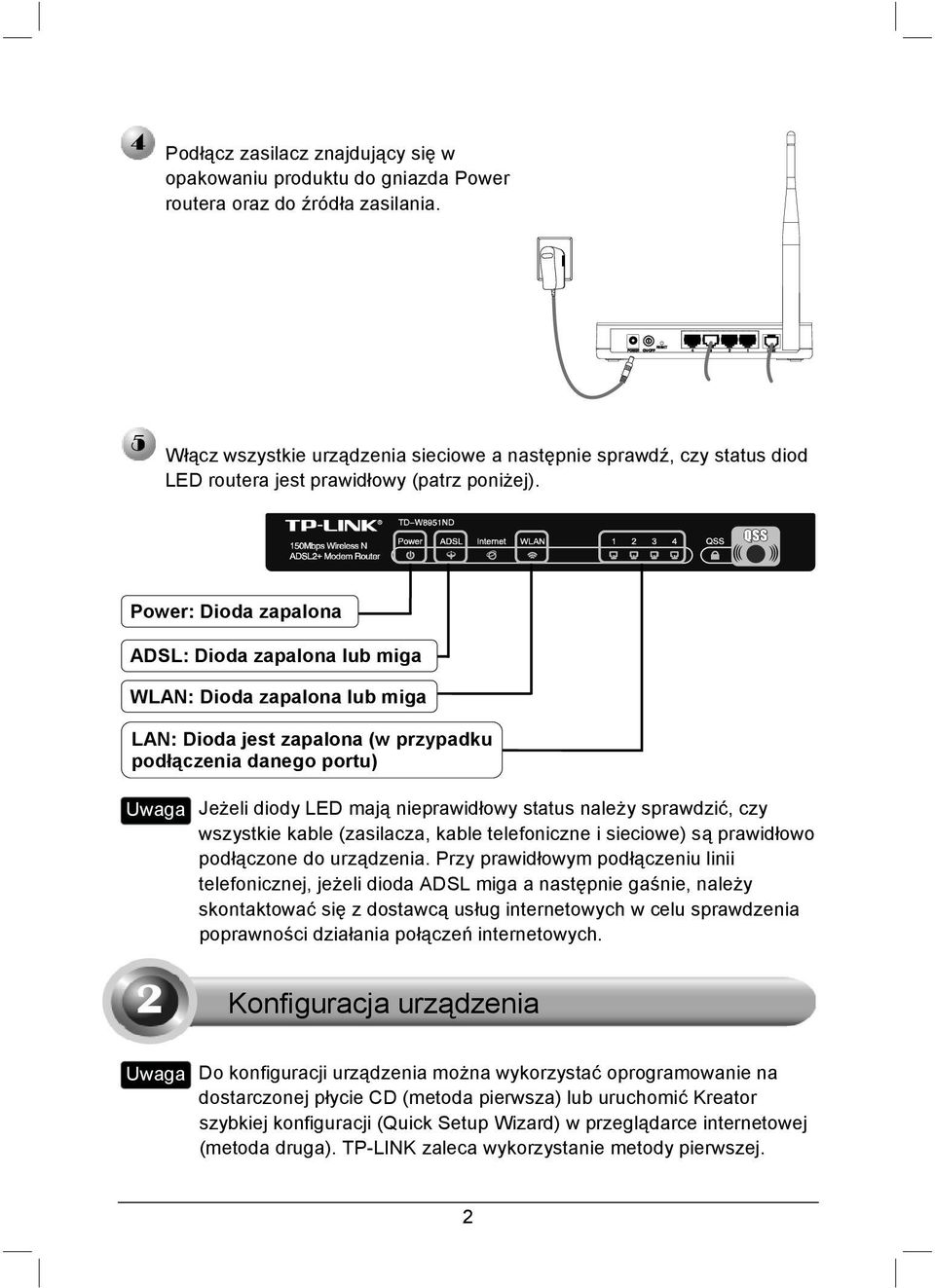 Power: Dioda zapalona ADSL: Dioda zapalona lub miga WLAN: Dioda zapalona lub miga LAN: Dioda jest zapalona (w przypadku podłączenia danego portu) Uwaga Jeżeli diody LED mają nieprawidłowy status