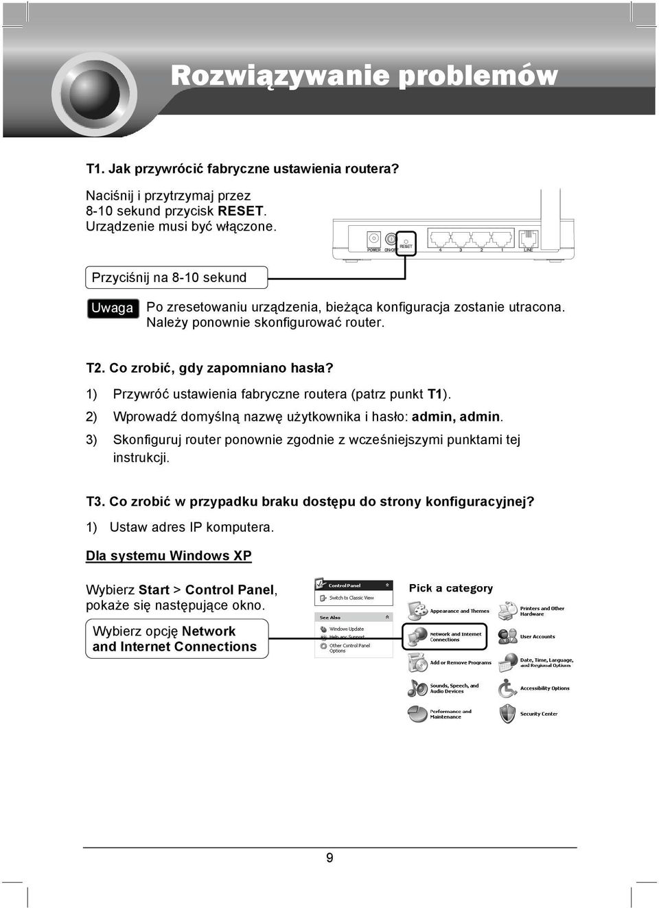 1) Przywróć ustawienia fabryczne routera (patrz punkt T1). 2) Wprowadź domyślną nazwę użytkownika i hasło: admin, admin.