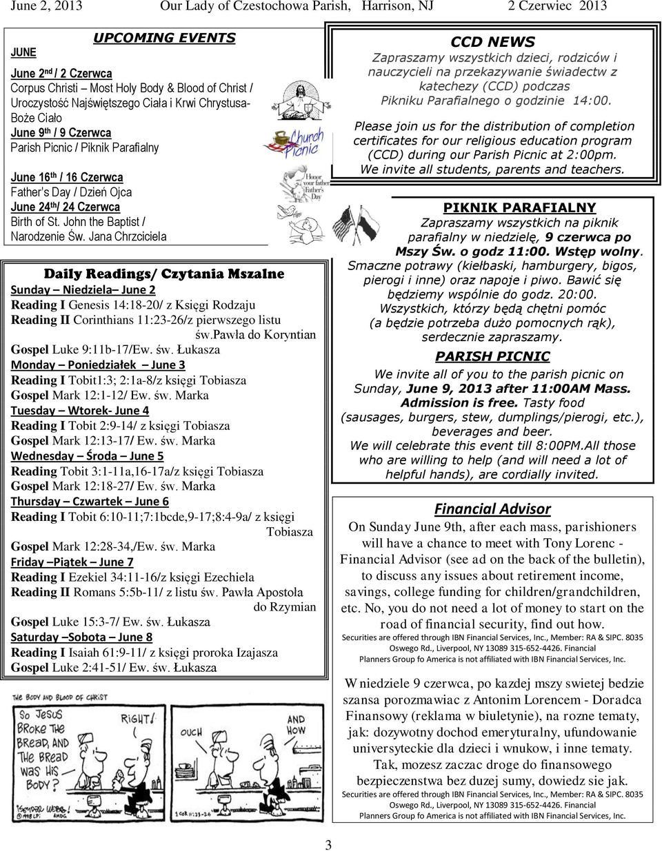Jana Chrzciciela Daily Readings/ Czytania Mszalne Sunday Niedziela June 2 Reading I Genesis 14:18-20/ z Księgi Rodzaju Reading II Corinthians 11:23-26/z pierwszego listu św.