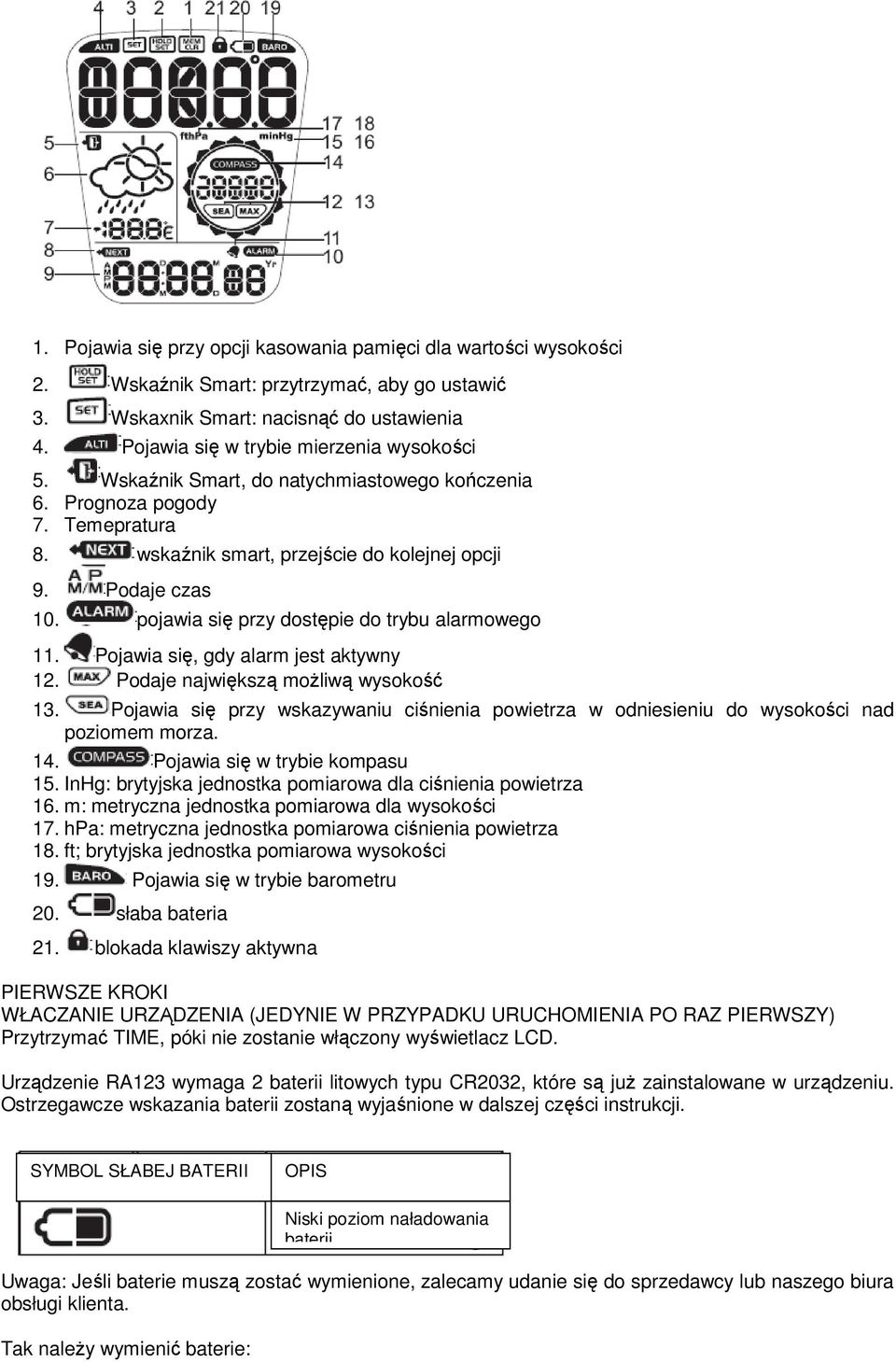 pojawia się przy dostępie do trybu alarmowego 11. Pojawia się, gdy alarm jest aktywny 12. Podaje największą moŝliwą wysokość 13.
