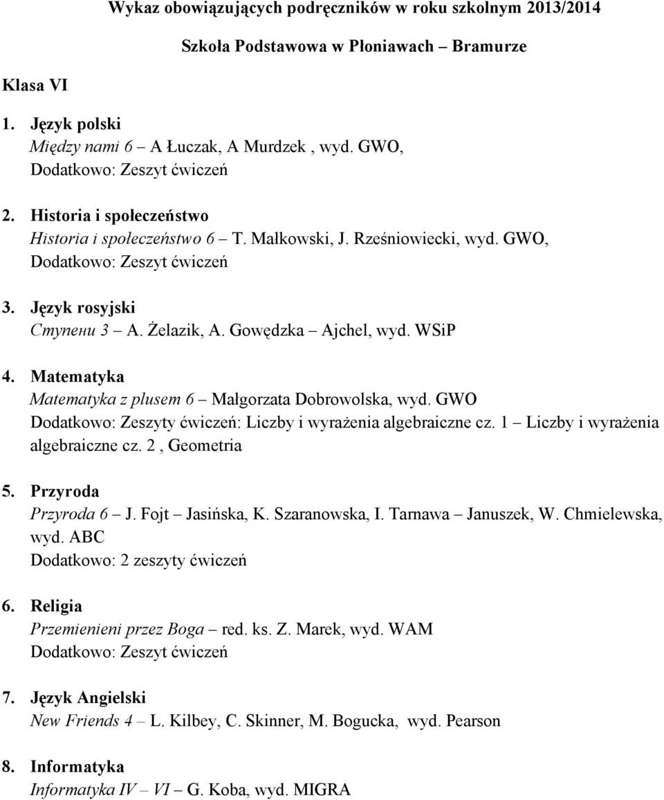 1 Liczby i wyrażenia algebraiczne cz. 2, Geometria Przyroda 6 J. Fojt Jasińska, K. Szaranowska, I. Tarnawa Januszek, W. Chmielewska, wyd.