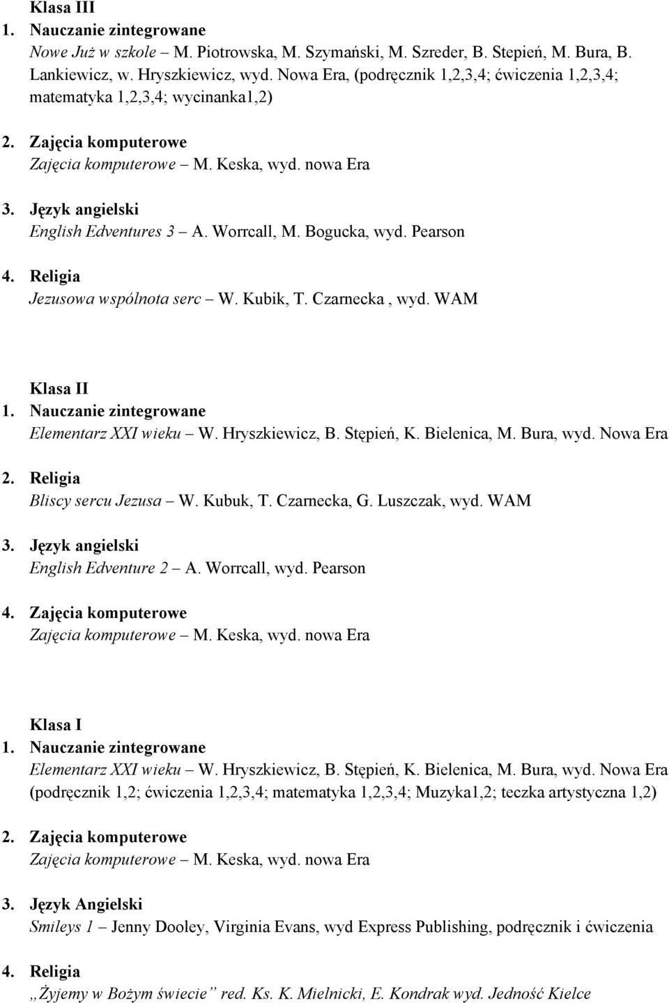 Religia Jezusowa wspólnota serc W. Kubik, T. Czarnecka, wyd. WAM Klasa II Elementarz XXI wieku W. Hryszkiewicz, B. Stępień, K. Bielenica, M. Bura, wyd. Nowa Era 2. Religia Bliscy sercu Jezusa W.