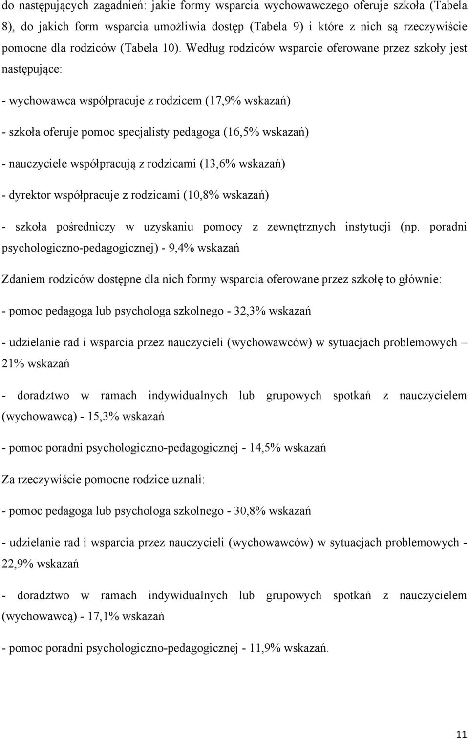 Według rodziców wsparcie oferowane przez szkoły jest następujące: - wychowawca współpracuje z rodzicem (17,9% wskazań) - szkoła oferuje pomoc specjalisty pedagoga (16,5% wskazań) - nauczyciele