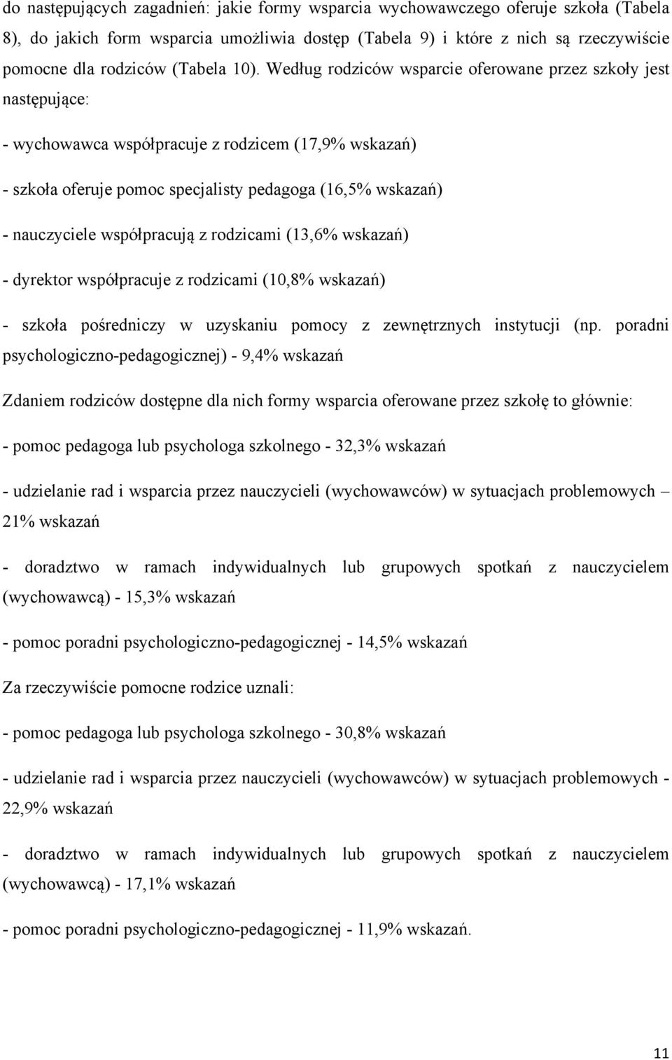 Według rodziców wsparcie oferowane przez szkoły jest następujące: - wychowawca współpracuje z rodzicem (17,9% wskazań) - szkoła oferuje pomoc specjalisty pedagoga (16,5% wskazań) - nauczyciele