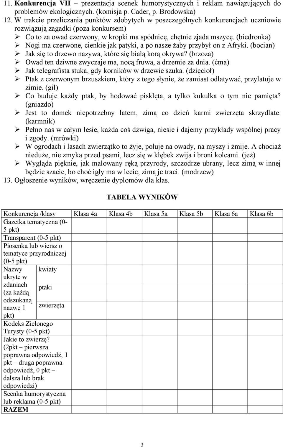 (biedronka) Nogi ma czerwone, cienkie jak patyki, a po nasze żaby przybył on z Afryki. (bocian) Jak się to drzewo nazywa, które się białą korą okrywa?