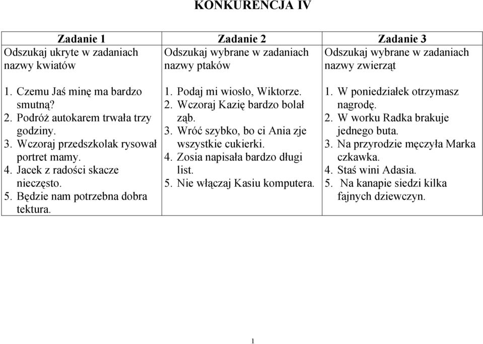 Będzie nam potrzebna dobra tektura.. Podaj mi wiosło, Wiktorze. 2. Wczoraj Kazię bardzo bolał ząb. 3. Wróć szybko, bo ci Ania zje wszystkie cukierki. 4.