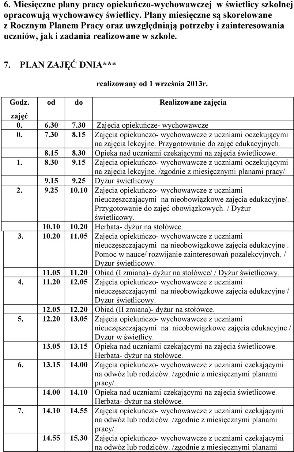 realizowany od 1 września 2013r. od do Realizowane zajęcia zajęć 0. 6.30 7.30 Zajęcia opiekuńcze- wychowawcze 0. 7.30 8.15 Zajęcia opiekuńczo- wychowawcze z uczniami oczekującymi na zajęcia lekcyjne.
