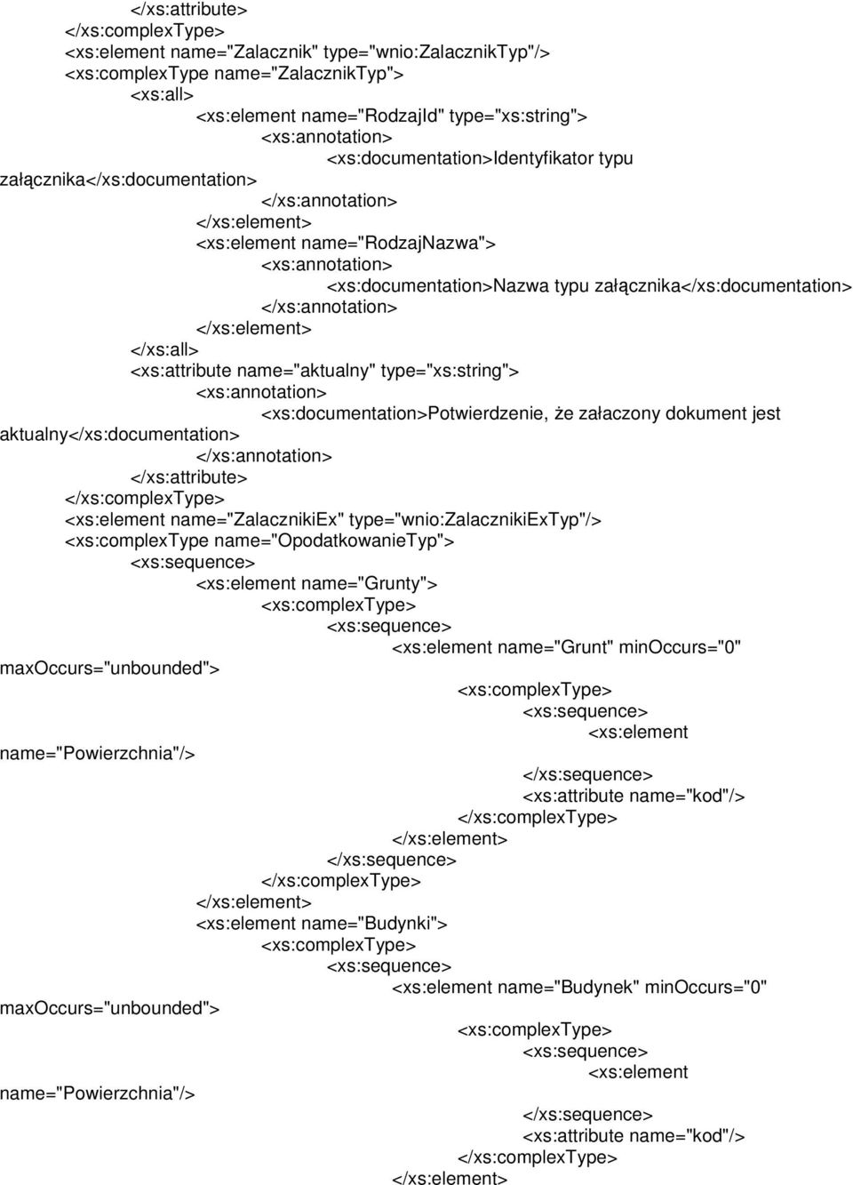 name="aktualny" type="xs:string"> <xs:documentation>potwierdzenie, Ŝe załaczony dokument jest aktualny</xs:documentation> </xs:attribute> name="zalacznikiex"