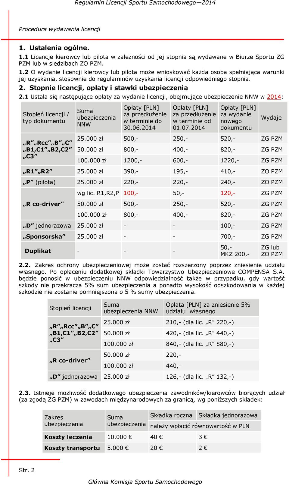 2. Stopnie licencji, opłaty i stawki ubezpieczenia 2.