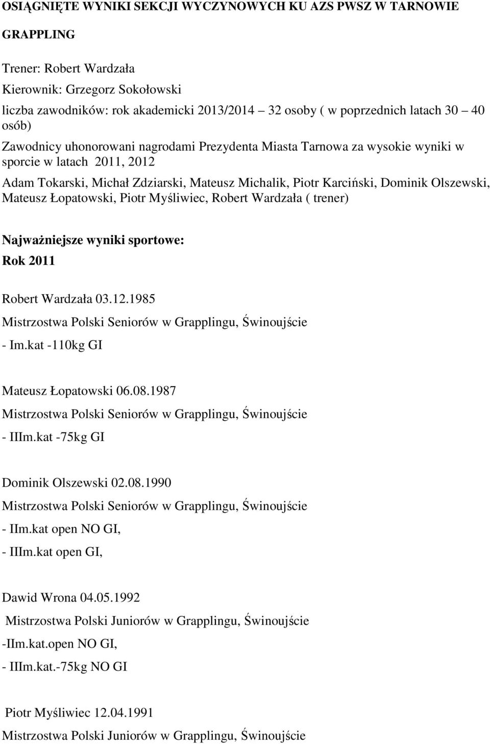 Dominik Olszewski, Mateusz Łopatowski, Piotr Myśliwiec, Robert Wardzała ( trener) Najważniejsze wyniki sportowe: Rok 2011 Robert Wardzała 03.12.