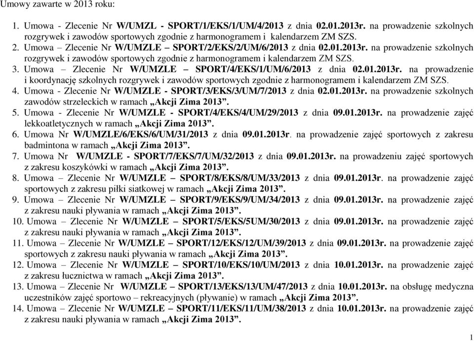 na prowadzenie szkolnych rozgrywek i zawodów sportowych zgodnie z harmonogramem i kalendarzem ZM SZS. 3. Umowa Zlecenie Nr W/UMZLE SPORT/4/EKS/1/UM/6/2013 z dnia 02.01.2013r.