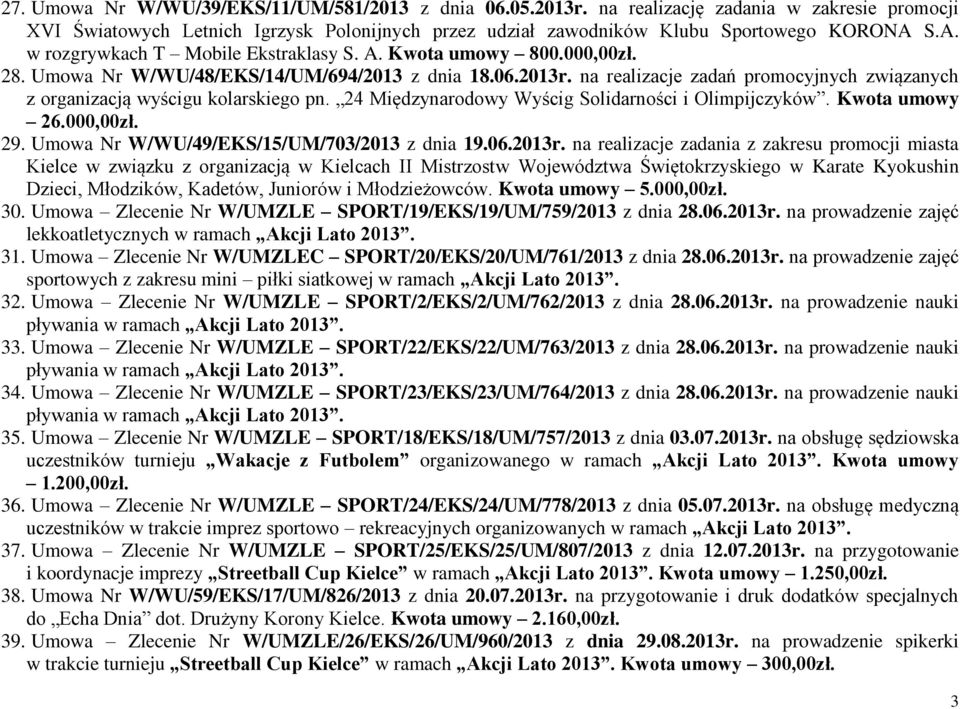 na realizacje zadań promocyjnych związanych z organizacją wyścigu kolarskiego pn. 24 Międzynarodowy Wyścig Solidarności i Olimpijczyków. Kwota umowy 26.000,00zł. 29.