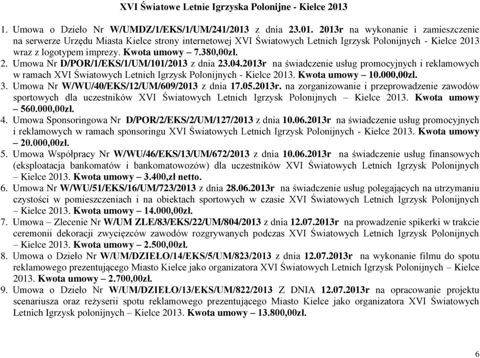 z dnia 23.01. 2013r na wykonanie i zamieszczenie na serwerze Urzędu Miasta Kielce strony internetowej XVI Światowych Letnich Igrzysk Polonijnych - Kielce 2013 wraz z logotypem imprezy. Kwota umowy 7.
