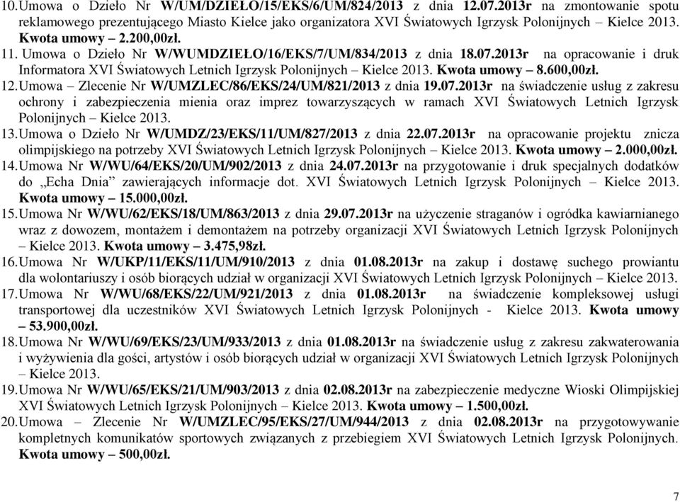 Umowa o Dzieło Nr W/WUMDZIEŁO/16/EKS/7/UM/834/2013 z dnia 18.07.2013r na opracowanie i druk Informatora XVI Światowych Letnich Igrzysk Polonijnych Kielce 2013. Kwota umowy 8.600,00zł. 12.