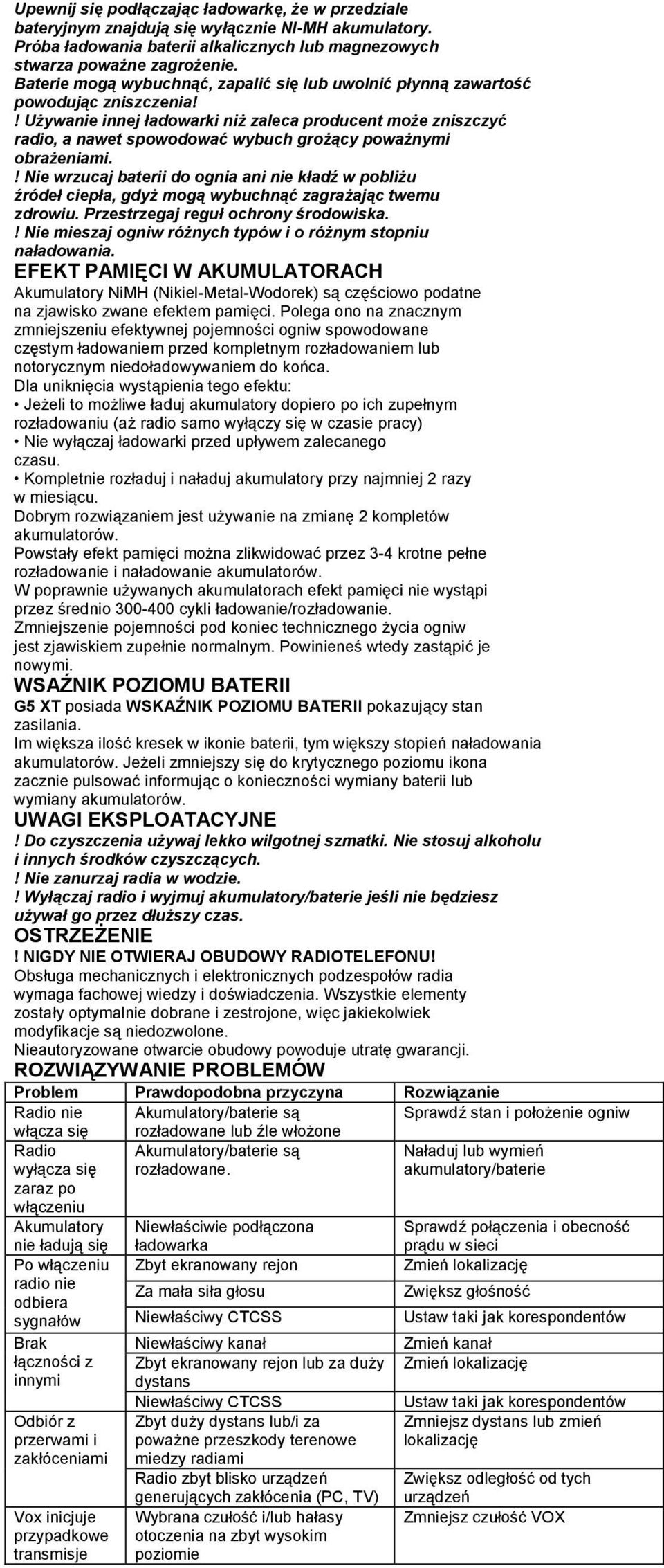 ! Używanie innej ładowarki niż zaleca producent może zniszczyć radio, a nawet spowodować wybuch grożący poważnymi obrażeniami.