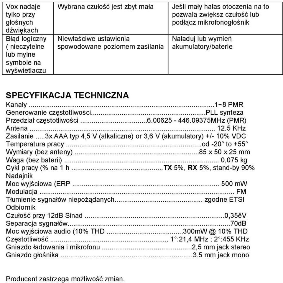 ..pll synteza Przedział częstotliwości...6.00625-446.09375mhz (PMR) Antena... 12.5 KHz Zasilanie...3x AAA typ 4,5 V (alkaliczne) or 3,6 V (akumulatory) +/- 10% VDC Temperatura pracy.