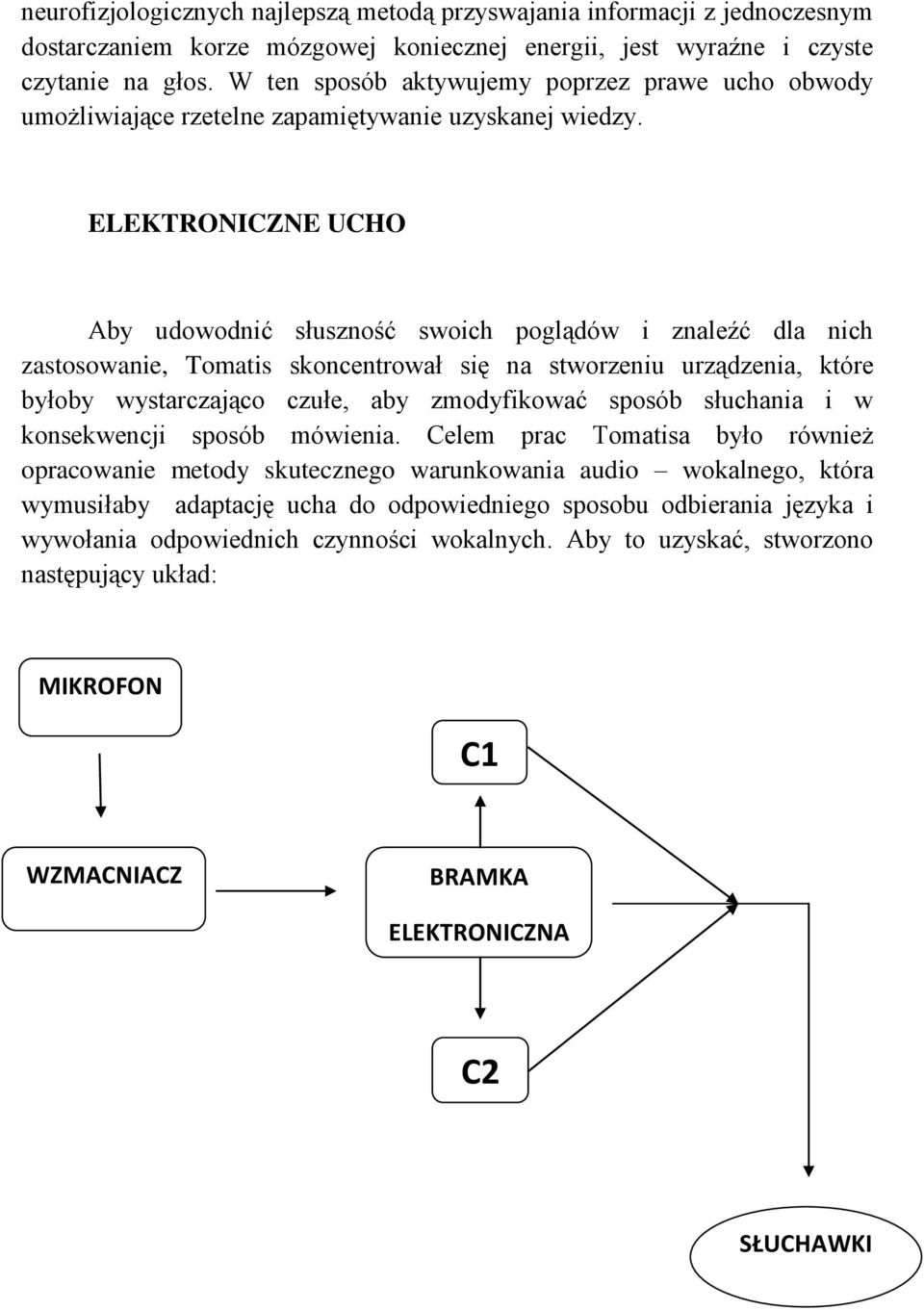 ELEKTRONICZNE UCHO Aby udowodnić słuszność swoich poglądów i znaleźć dla nich zastosowanie, Tomatis skoncentrował się na stworzeniu urządzenia, które byłoby wystarczająco czułe, aby zmodyfikować