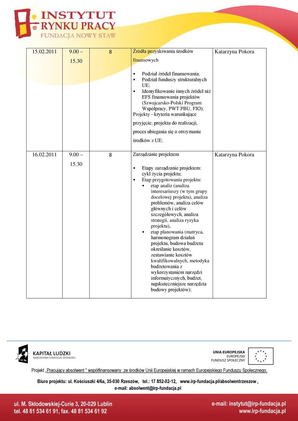 00 8 Źródła pozyskiwania środków finansowych Podział źródeł finansowania; Podział funduszy strukturalnych UE; Identyfikowanie innych źródeł niż EFS finansowania projektów (Szwajcarsko-Polski Program