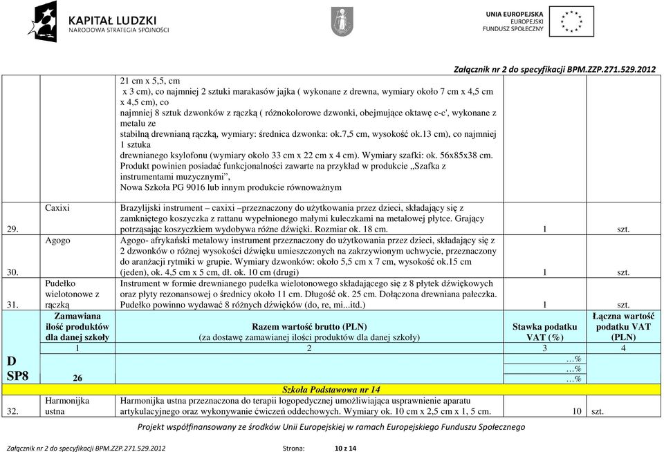 dzwonków z rączką ( róŝnokolorowe dzwonki, obejmujące oktawę c-c', wykonane z metalu ze stabilną drewnianą rączką, wymiary: średnica dzwonka: ok.7,5 cm, wysokość ok.