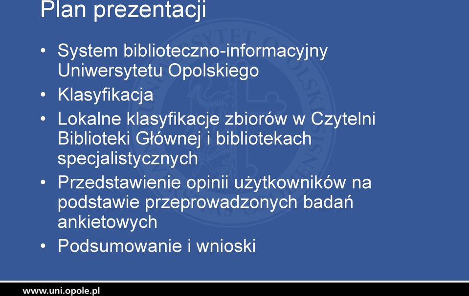 Biblioteki Głównej i bibliotekach specjalistycznych Przedstawienie